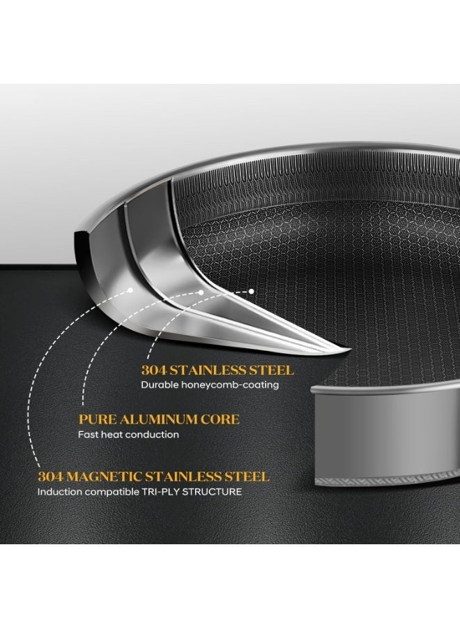 م.ا & ف'س مقلاة سوتيه من الفولاذ المقاوم للصدأ، مقلاة عميقة 30 سم، أواني طهي بغطاء، قدر طهي غير لاصق بتصميم خلية النحل مع مقابض، مقلاة كاداي كبيرة، مقلاة ووك متوافقة مع جميع أنواع المواقد، آمنة للغسل في غسالة الأطباق - Image 4